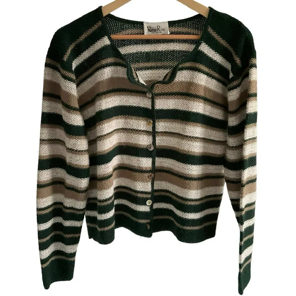 Vintage Reba Rose Boxy Striped Cardigan Sweater Earthy Coastal Cottageco… - Picture 3 of 16